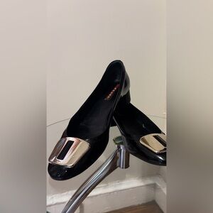 Prada Black Patent Leather Pumps with Silver Buckle